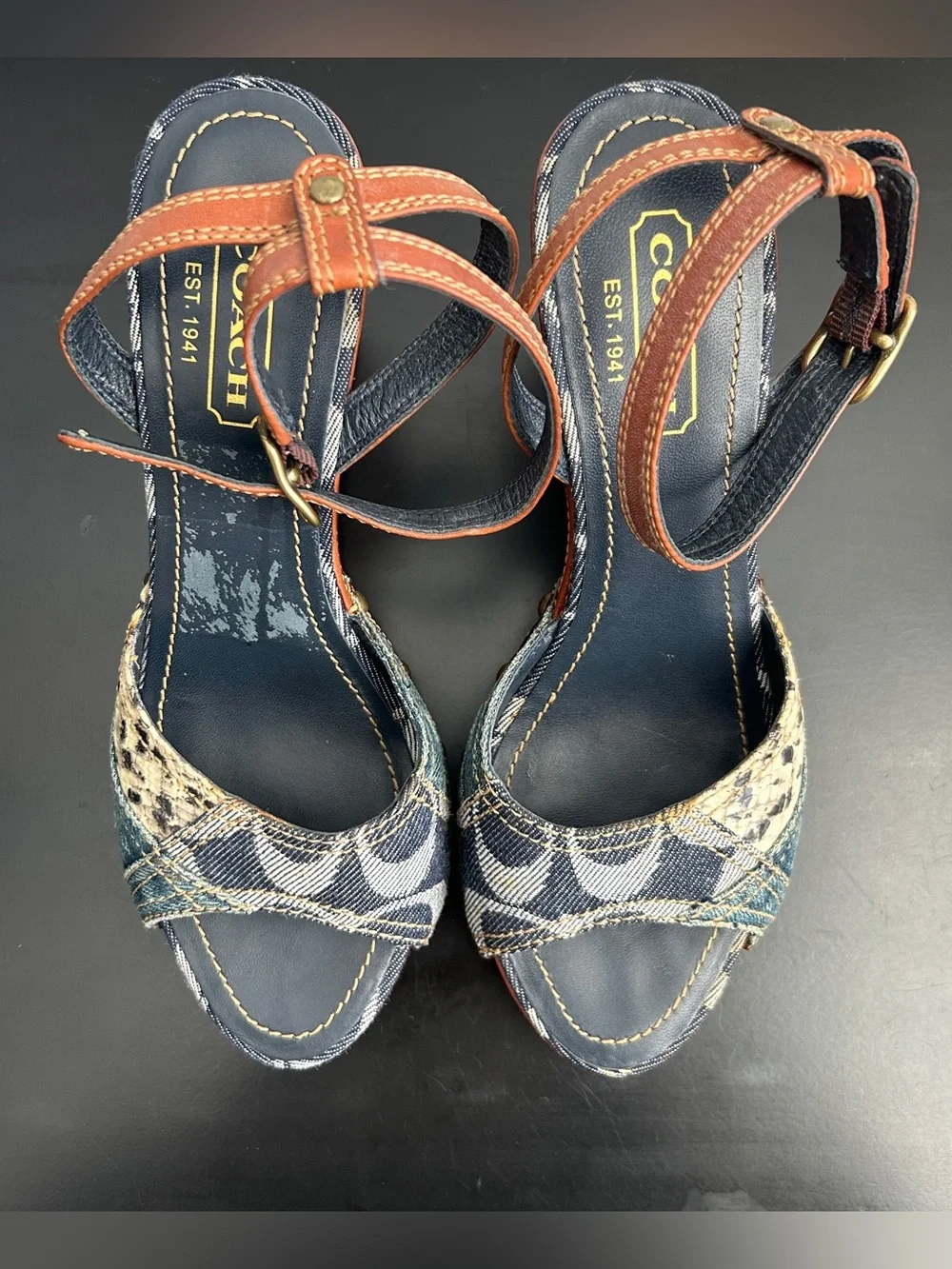 Coach Lynda Denim and Snakskin Patchwork Wedge